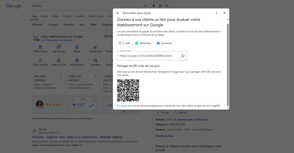Exemple avec Wstudio pour QR code Avis Google
